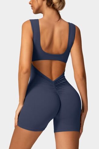 Vertvie Sleeveless Jumpsuits for Women Shorts V Back Scrunch Workout One Piece Bodysuit Open Back Tummy Control Yoga Rompers in Saudi Arabia