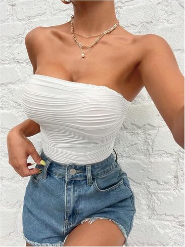 Milumia Women's 2 Piece Bodysuits Solid Strapless Textured Tube Top Bodysuit in Saudi Arabia