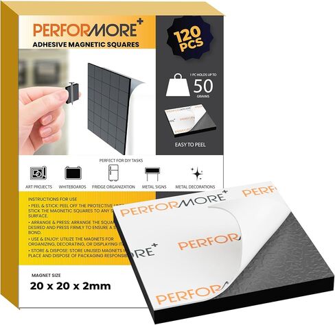 Performore Magnetic Squares, 20 x 20 x 2mm Magnet Adhesive Squares, 120 Pieces of Square Magnets with 3M Self Adhesive Backing, 4 Sheets, Ideal for White Boards, Art Projects, Fridge Organization in Saudi Arabia