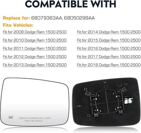 Passenger Right Side View Heated Mirror Glass with Backing Plate Compatible with 2010 Dodge Ram 1500 2500, 2011-2018 Ram 1500 2500, Replace for 68079363AA 68050299AA in Kuwait