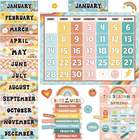 Updated 62Pcs Retro Bulletin Board Borders Classroom Decorations Calendar Season Weather Week Chart Educational Posters Retro Classroom Decor Theme Sets for Kindergarten Home School Classroom Supplies in Saudi Arabia