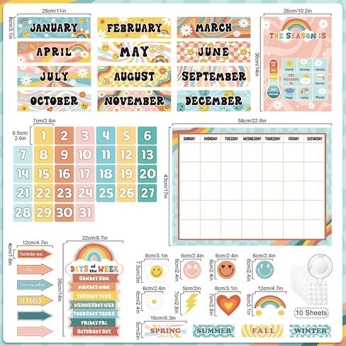 Updated 62Pcs Retro Bulletin Board Borders Classroom Decorations Calendar Season Weather Week Chart Educational Posters Retro Classroom Decor Theme Sets for Kindergarten Home School Classroom Supplies in Saudi Arabia