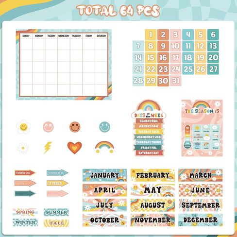 Updated 62Pcs Retro Bulletin Board Borders Classroom Decorations Calendar Season Weather Week Chart Educational Posters Retro Classroom Decor Theme Sets for Kindergarten Home School Classroom Supplies in Saudi Arabia