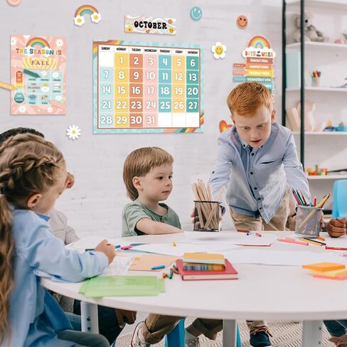 Updated 62Pcs Retro Bulletin Board Borders Classroom Decorations Calendar Season Weather Week Chart Educational Posters Retro Classroom Decor Theme Sets for Kindergarten Home School Classroom Supplies in Saudi Arabia