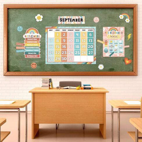 Updated 62Pcs Retro Bulletin Board Borders Classroom Decorations Calendar Season Weather Week Chart Educational Posters Retro Classroom Decor Theme Sets for Kindergarten Home School Classroom Supplies in Saudi Arabia