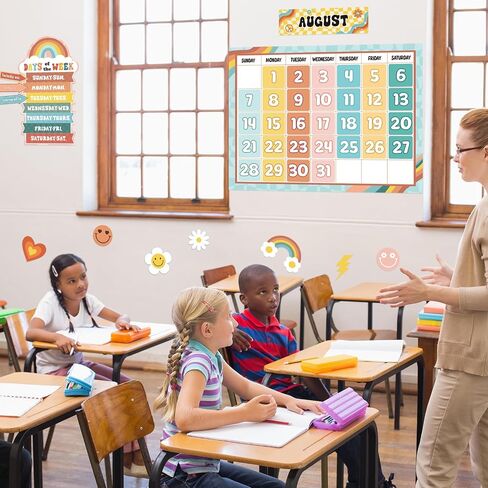 Updated 62Pcs Retro Bulletin Board Borders Classroom Decorations Calendar Season Weather Week Chart Educational Posters Retro Classroom Decor Theme Sets for Kindergarten Home School Classroom Supplies in Saudi Arabia