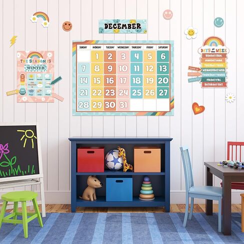 Updated 62Pcs Retro Bulletin Board Borders Classroom Decorations Calendar Season Weather Week Chart Educational Posters Retro Classroom Decor Theme Sets for Kindergarten Home School Classroom Supplies in Saudi Arabia