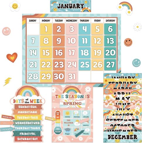 Updated 62Pcs Retro Bulletin Board Borders Classroom Decorations Calendar Season Weather Week Chart Educational Posters Retro Classroom Decor Theme Sets for Kindergarten Home School Classroom Supplies in Saudi Arabia