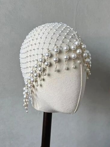 Cap Headpiece for Wedding Hair Jewery Flapper Pearls Tassel in Saudi Arabia