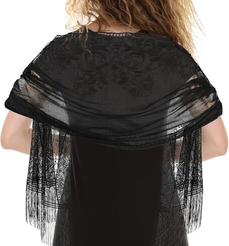 Black Floral Lace Shawl Wrap for Evening Dress, Women's Tassel Sheer Flower Wraps, Floral Lace Scarf, Lightweight Fringe Lace Scarf Wraps for Costume Party, Mesh Wedding Shawls in Saudi Arabia