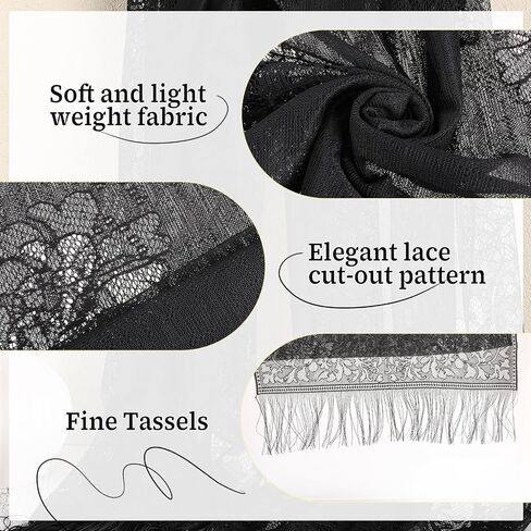 Black Floral Lace Shawl Wrap for Evening Dress, Women's Tassel Sheer Flower Wraps, Floral Lace Scarf, Lightweight Fringe Lace Scarf Wraps for Costume Party, Mesh Wedding Shawls in Saudi Arabia