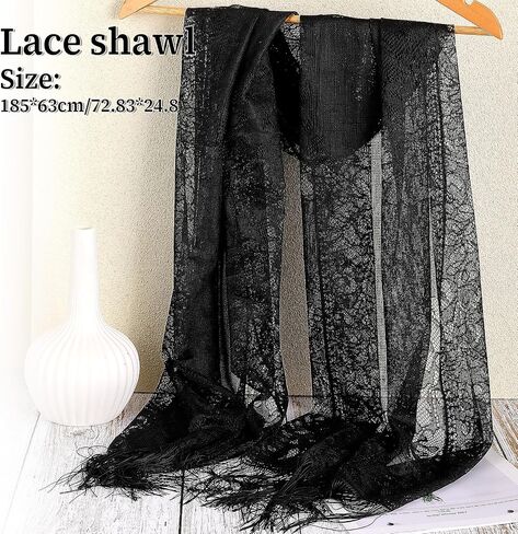 Black Floral Lace Shawl Wrap for Evening Dress, Women's Tassel Sheer Flower Wraps, Floral Lace Scarf, Lightweight Fringe Lace Scarf Wraps for Costume Party, Mesh Wedding Shawls in Saudi Arabia