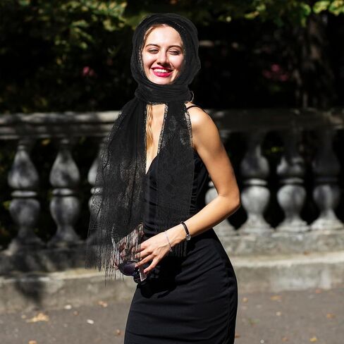 Black Floral Lace Shawl Wrap for Evening Dress, Women's Tassel Sheer Flower Wraps, Floral Lace Scarf, Lightweight Fringe Lace Scarf Wraps for Costume Party, Mesh Wedding Shawls in Saudi Arabia