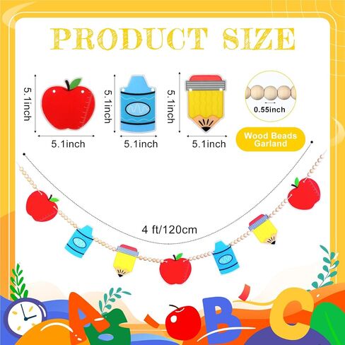 Capoda Back to School Classroom Decorations Welcome School 3D Felt Banner Garland First Day of School Apple Pencil Wood Bead Hanging Decoration Supplies for Chalkboard Teacher Office Home Party, 4 ft in Saudi Arabia