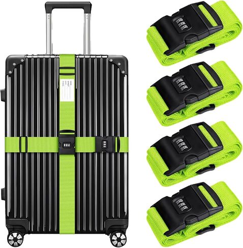 4-Pack Luggage Straps for Suitcases with Combination Lock, Heavy Duty Non-Slip Suitcase Belt, Adjustable Luggage Band Straps with Quick-Release Buckle Luggage Tag, Ensure Suitcase Security, Green in Saudi Arabia