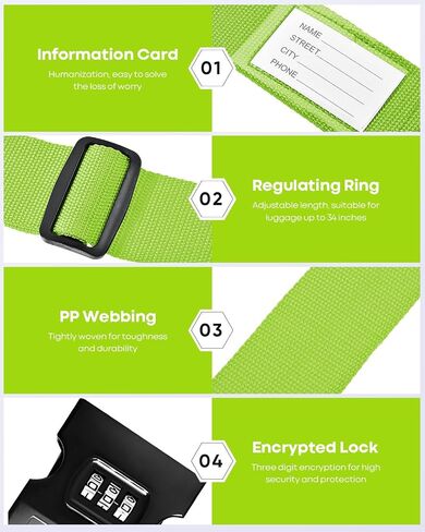 4-Pack Luggage Straps for Suitcases with Combination Lock, Heavy Duty Non-Slip Suitcase Belt, Adjustable Luggage Band Straps with Quick-Release Buckle Luggage Tag, Ensure Suitcase Security, Green in Saudi Arabia