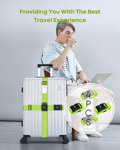 4-Pack Luggage Straps for Suitcases with Combination Lock, Heavy Duty Non-Slip Suitcase Belt, Adjustable Luggage Band Straps with Quick-Release Buckle Luggage Tag, Ensure Suitcase Security, Green in Saudi Arabia