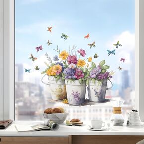 Spring Summer Potted Flowers Window Clings Double Sided Floral Plants Butterflies Window Stickers Anti-Collision Decals for Glass Window