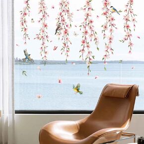 Summer Hanging Vine Flower Window Clings Purple Floral Leaves Birds Window Decals Anti Collision Double-Side Static Window Stickers for Home Store Window Glass Door Decoration