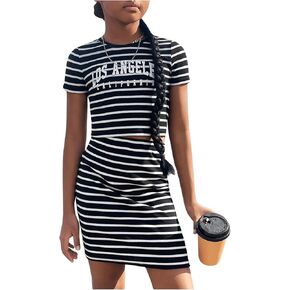 WDIRARA Girl's Two Piece Striped Letter Print Round Neck Short Sleeve Crop Tops and High Waist Skirts Clothing Set