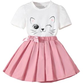 SweatyRocks Girl's 2 Piece Outfits Cartoon Graphic Short Sleeve Crew Neck Tee and Bow Pleated Skirt Set