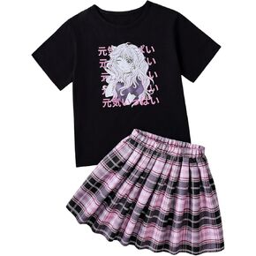 Floerns Girl's Two Piece Outfit Japanese Letter Print Tee Shirt with Plaid Skirt