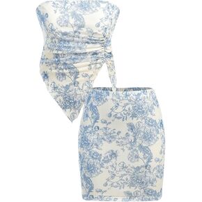 Floerns Girl's Two Piece Outfit Floral Print Strapless Tube Top with Skirt Set