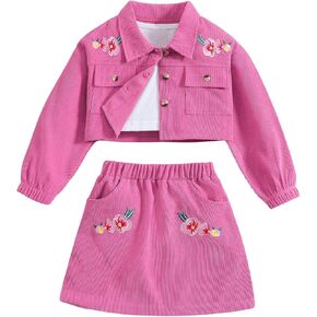 WDIRARA Toddler Girls Three Piece Floral Embroidered Collared Neck Long Sleeve Jackets and Short Skirts Clothing Set