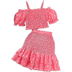 Floerns Girl's 2 Piece Outfits Heart Print Puff Sleeve Crop Top and Layered Skirt Set