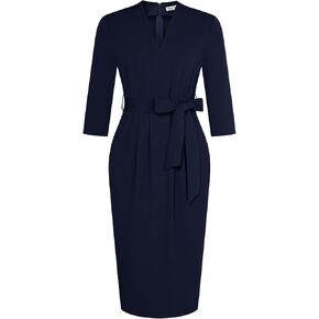GRACE KARIN Womens Work Dresses V Neck 3/4 Sleeve with Pockets Tie Waist Bodycon Dress Cocktail Church Office Warp Dress