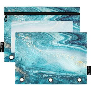Ocean and Gold Sands Pencil Pouch for 3 Ring Binder Case Clear Window Stationery Bag for Organizers Office Daily College Supplies 2 Pack