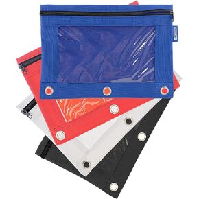 BAZIC Pencil Pouch 3 Ring Binder Pouch w/ Rivet Enforced Rings Holes, Classic Color Clear Window Zipper Pouches, 4-Pack