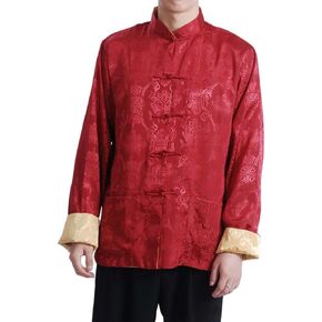 Men's Tang Jacket with Contrast Lining Chinese Traditional Frog Button Jacket Long Sleeve Stand Collar Tangzhuang Coat