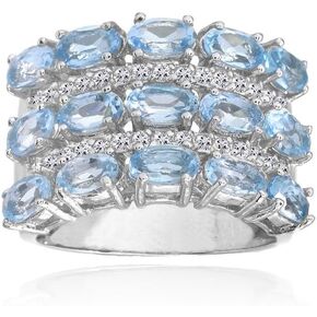 Sterling Silver Blue Topaz and white Topaz Oval Triple Row Wide Fashion Statement Ring