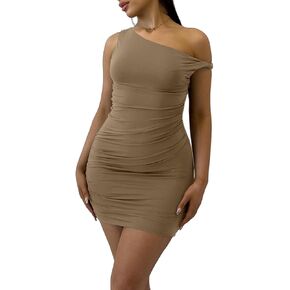 Ekaliy Women's Sexy Ruched Mini Bodycon Dress Off Shoulder Sleeveless Cocktail Short Dresses