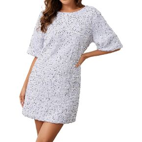 Women's Sparkly Sequin Shirt Mini Dress Party Club Dress Half Sleeve Crewneck Tie Backless Velvet Glitter Dresses