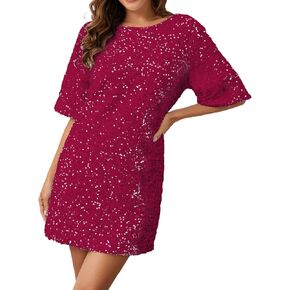 Women's Sparkly Sequin Shirt Mini Dress Party Club Dress Half Sleeve Crewneck Tie Backless Velvet Glitter Dresses