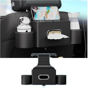 Seat Back Organizer, Full Leather Cover Tissue Case Storage Box with 2 Cup Holders and Hook, Multi-functional Durable Back Seat Storage Tool for Fanily Travel and Kids Care