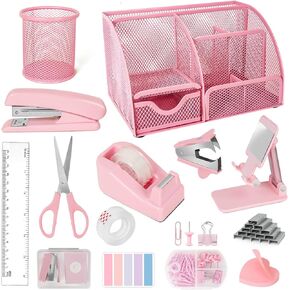 Pink Desk Organizers and Accessories, Pink Gifts Office Supplies Mesh Desk Organizer, Tape Dispenser, Stapler, Tape, Phone Holder, 1000 Staples, Staple Remover, Pen Holder, Clips Set, Ruler, Scissors