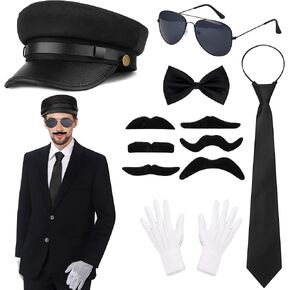 Chauffeur Costume Men Woman, Novelty Limo Taxi Driver Costume Chauffeur Hat Sunglasses White Gloves Fake Beard Bow Tie Necktie for Men Women for Halloween Cosplay (11 PCS)