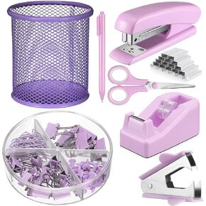 Sabary Desk Accessory Kit Office Supplies Set of Stapler, Staple Remover, Binder Clips, Paper Clips, Push Pins, Staples, Ballpoint Pen, Scissors, Tape Dispenser, Pen Holder for Gift(Pink)