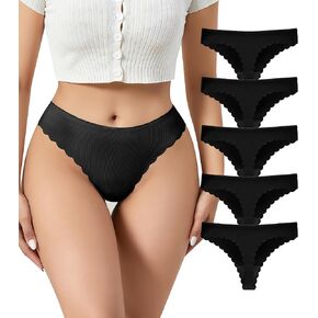 Seamless Thongs for Women - High Waist No Show Underwear & Scalloped Edge Ribbed Breathable Workout Panties Pack