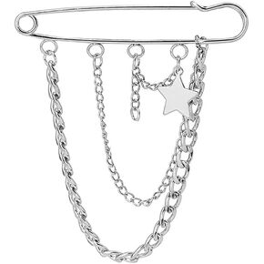 Silver Long Chain Brooch，Cross Brooch Flame Brooch Butterfly Brooch Pentagram Brooch Coat Tassel Chain Lapel Pins for Men's Suit Accessories