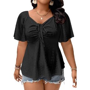 Eytino Womens Plus Size Tops Sweetheart Neck Short Sleeve Eyelet Embroidery Summer Loose Peplum Shirts(1X-5X)