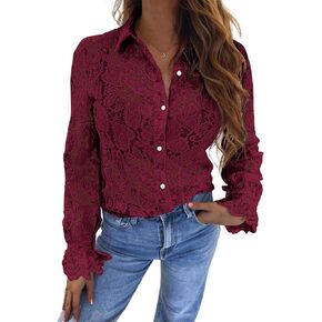 BTFBM Long Sleeve Lace Blouses for Women Dressy Casual Button Down Shirts Date Night Outfit Club Party Tops Shirt Blouse