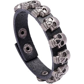 Punk Rock Retro Halloween Alloy Skull Head Rivet Studded Wristband Pu Leather Adjustable Cuff Bracelet