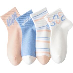 4 Pairs Combed Cotton Fashion Patterned Athletic Socks for Women High Ankle Girl Casual Cute Vintage Crew Socks