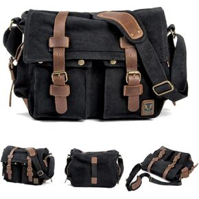 Canvas Messenger Bag, Vintage Genuine Leather Shoulder Bag, Briefcase Crossbody Satchel Purse Laptop Bag Medium