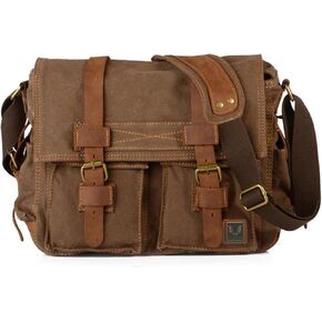 Canvas Messenger Bag, Vintage Genuine Leather Shoulder Bag, Briefcase Crossbody Satchel Purse Laptop Bag Medium