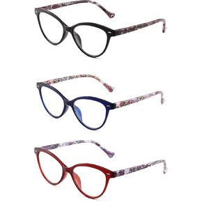 JM 3 Pack Cat Eye Reading Glasses for Women Spring Hinge Readers Floral Pattern